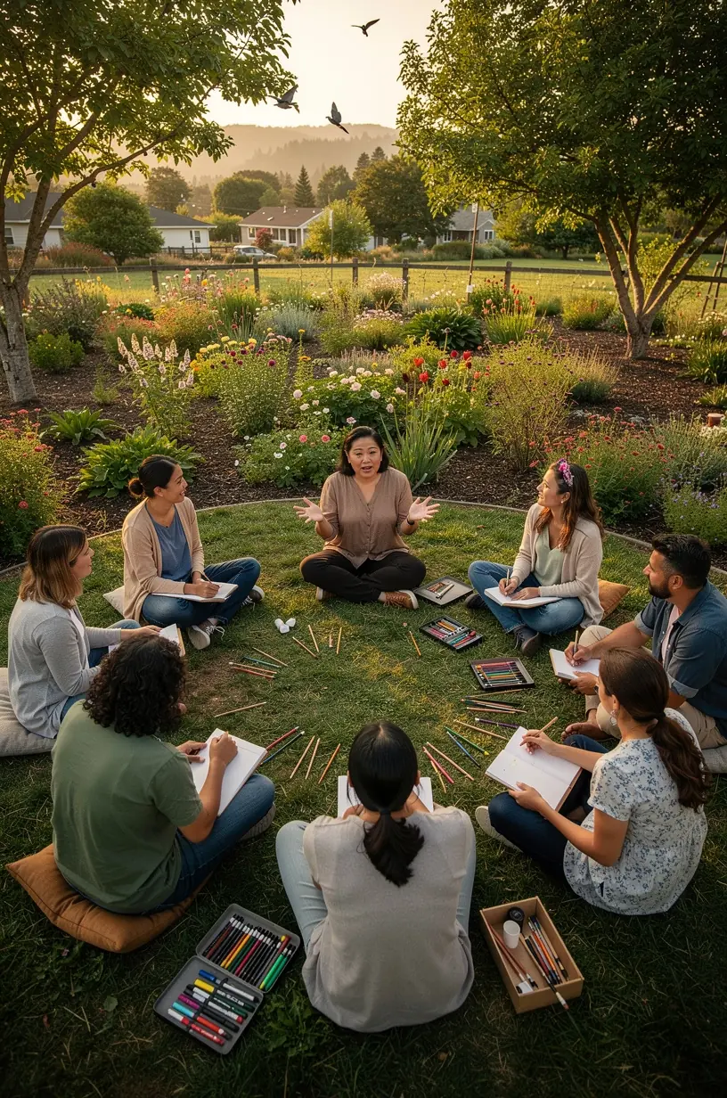 Diverse group of community members engaged in a local storytelling workshop discussing neighborhood challenges.