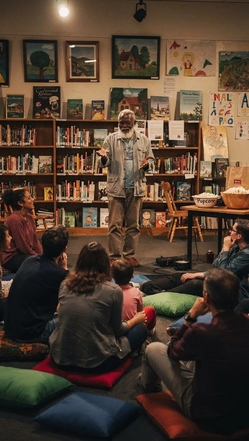 Illustration of a digital platform interface displaying community stories and actionable insights.